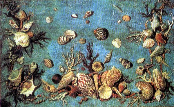 Столешница «Морское дно», Флоренция, XVIII в., из собрания Государственного Эрмитажа. Флорентийская мозаика часто использует бирюзу и лазурит